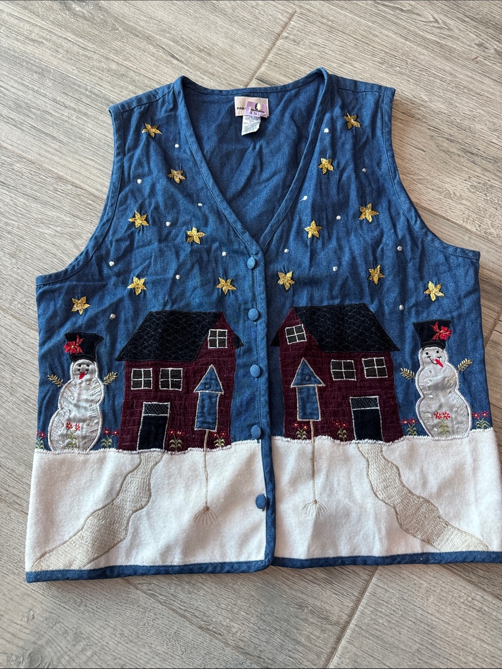 Blue 100% Cotton Embroidered Holiday Village Vest with Snowmen
